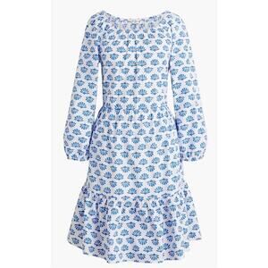 J. Crew White + Blue Shell Print Elastic Tiered Mini Dress 14 Coastal Beach Prep